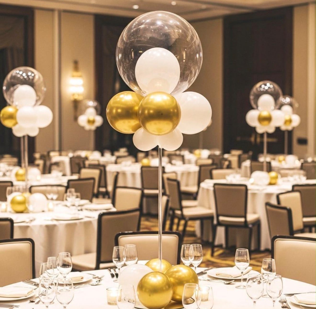 Tables dressed for a celebration with gold and white balloons